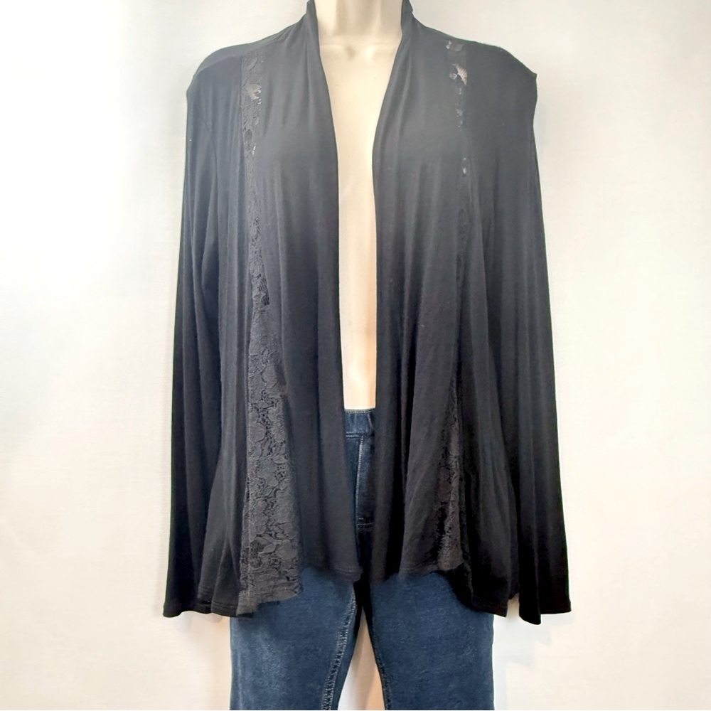NY Collection Black Knit Lace Open Front Jacket